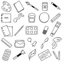 Black and white vector set of creative icons related to drawing. Brushes, canvases, paints