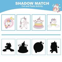 Cut the image in each box and glue it on each shadow. Find the correct shadow. Cut and paste activity for children vector