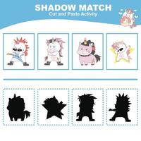 Cut the image in each box and glue it on each shadow. Find the correct shadow. Cut and paste activity for children vector