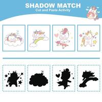 Cut the image in each box and glue it on each shadow. Find the correct shadow. Cut and paste activity for children vector