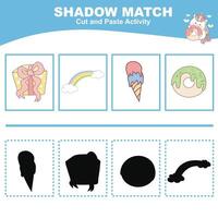 Cut the image in each box and glue it on each shadow. Find the correct shadow. Cut and paste activity for children vector