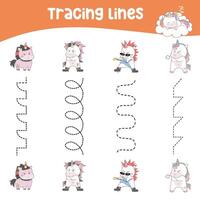 Tracing vertical lines activity for children. Tracing worksheet for kids, practising the motoric skills vector