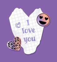 Collage, torn, checkered paper heart. Retro vector illustration. Metallic holographic Y2k sticker. Shining gradient animalistic pattern, emoticons. 2000s style. Peach Fuzz. For Valentines Day