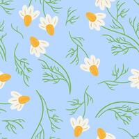 Seamless pattern with daisy flower, small white flower and green leaves. Cute floral pastoral print. Boho, rustic style. For wallpaper, fabric, wrapping, background vector