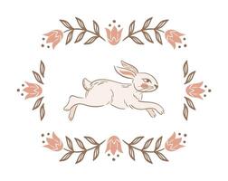 Running Easter bunny. Vintage Blooming tulips, rectangular frame. Stylized retro illustration. Boho, rustic style. For posters, postcards, banners, design elements. Slavic folk flowers. vector