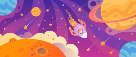 un cohete volador entre planetas y estrellas. espacio paisaje, lanzadera, OVNI, futuro. linda bebé horizontal ilustración en Clásico dibujos animados estilo. para para niños, carteles, postales, pancartas, diseño elementos. vector