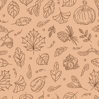 Hello, Autumn. Seamless pattern from nuts and seeds. Acorns with leaves, cedar cone, linden seeds, hazelnuts, maple lionfish seeds. doodle style. wallpaper, printing on fabric, wrapping, background vector