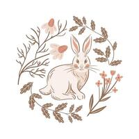 Sitting Easter bunny. Vintage blooming daisies, oak leaves, round frame. Stylized retro illustration. Boho, rustic style. For posters, cards, banners, design elements. Slavic folk flowers. vector