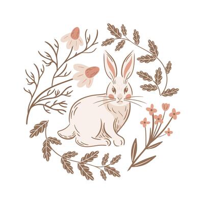 Sitting Easter bunny. Vintage blooming daisies, oak leaves, round frame. Stylized retro illustration. Boho, rustic style. For posters, cards, banners, design elements. Slavic folk flowers.