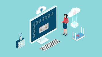 Cloud storage download, data center and file management concept. 2D isometric Animation video