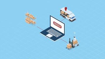 Global logistics solutions concept with Smart Logistics, Business logistics, Warehouse Logistic, Online delivery, Export and Import. 2D isometric Animation video