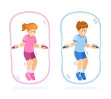 Children Jump Rope Workout Set Cartoon Illustration Vector