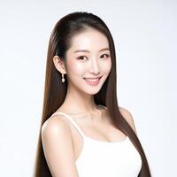 AI generated beautiful young woman with long hair, wearing a white top and smiling at the camera. She appears to be happy and confident, generative AI photo