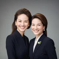 AI generated The two women in the image are wearing business suits and standing next to each other, both smiling and posing for a picture., generative AI photo