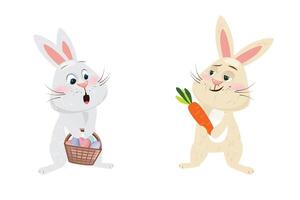 Easter Bunny holding a basket filled with easter eggs and looking envy and surprised at another cool bunny with a carrot vector