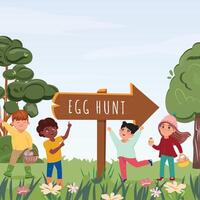 Diverse Children on Egg Hunt. Easter spring illustration with happy diverse children holding easter eggs outdoor in the grass and trees with clear blue sky on the background vector