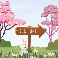 Egg hunt. Bunny outdoor sitting in the grass among flowers hugging Easter egg and little chick walking near by. Pink trees and clear blue sky on the background vector