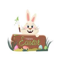 Easter Bunny holding a brush with green dripping colour and standing behind a signboard with text egg hunt, painted eggs on beneath it in the grass vector