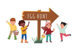 Easter Egg Hunt. Cute children with easter eggs standing and rejoicing next to the shield with text egg hunt vector