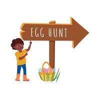 Black boy pointing up on the Egg hunt shield and on the floor standing a basket filled with painted eggs vector