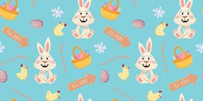 Easter seamless pattern with bunny, chicks and shields with text egg hunt vector