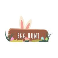 Wooden shield adorned with colorful Easter eggs stands amidst lush grass, while playful bunny ears peek from behind vector