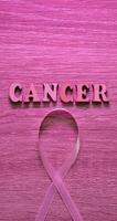 Wooden Pink Background image Breast cancer Awareness is celebrated in October Month. The inscription with the symbol is a pink ribbon. Close-up, vertical photo