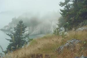 AI generated coastal rainy landscape, foggy morning on a steep bank, blurred background photo