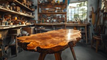 AI generated newly made designer table with burl wood top in a carpentry workshop photo