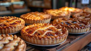 AI generated different fruit pies on a bakery counter photo
