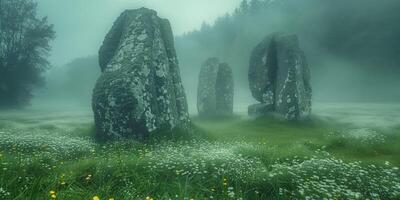 AI generated ancient megalithic stones on a foggy morning in a beautiful valley photo