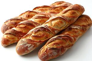 AI generated Freshly baked baguettes on white background photo