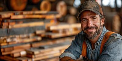 AI generated Portrait of smiling mature woodworker in his workshop looking at camera photo