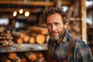 AI generated Portrait of a handsome mature woodworker standing in his workshop and looking at camera photo