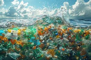 AI generated Plastic garbage in the ocean. Environmental pollution. photo