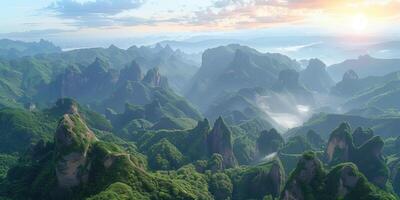 AI generated aerial panoramic view of the rocky mountainous area and the sea of mist photo