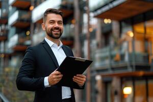 AI generated Portrait of a smiling businessman holding clipboard against the backdrop of a modern residential building photo