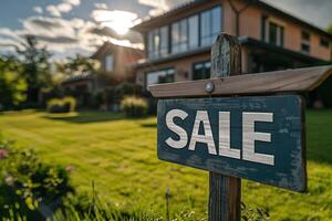 AI generated House with a sale sign in front of the house. Real estate concept. photo