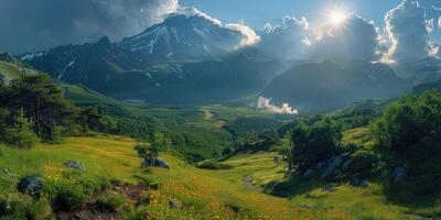 AI generated view of volcanic valley with distant fog from geothermal spring photo