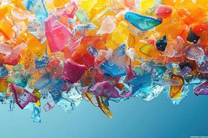 AI generated colorful microplastic particles suspended in water, environmental pollution concept photo