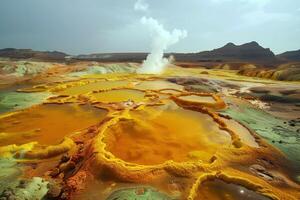 AI generated hot hydrothermal springs with bright mineral deposits in a volcanic area in the desert photo