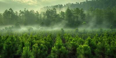 AI generated forest plantations in foggy mountain woodland in the morning, beautiful nature scenery. photo