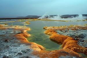 ai generado caliente lagos en el zona de geotermia agua toma de corriente en el Desierto foto