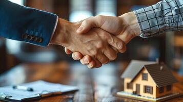 AI generated Real estate agent shaking hands with customer after signing contract to buy house photo