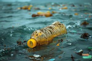 AI generated environmental pollution concept, plastic bottle and other garbage in the sea water photo