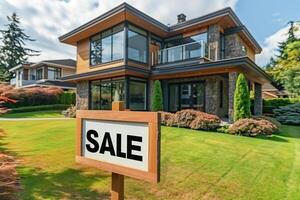 AI generated House with a sale sign in front of the house. Real estate concept. photo