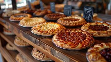 AI generated different fruit cakes on a bakery counter photo