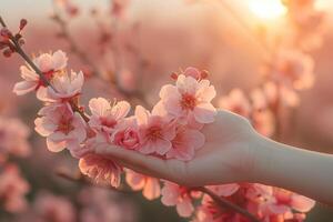 AI generated Beautiful pink cherry blossom sakura flowers in hand on sunset background photo