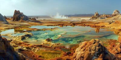 AI generated landscape with colorful hot springs in a volcanic area photo