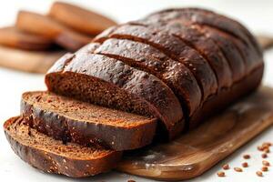 AI generated Sliced rye bread on cutting board on white background, closeup photo